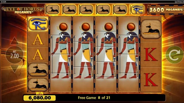 Eye of Horus slot displaying ancient Egyptian reels and the iconic Horus symbol, available in demo mode and for real-money play.