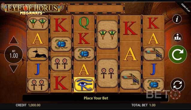 Game screen of Eye of Horus featuring mystical Egyptian imagery and spinning reels, playable in both demo and real-money modes.